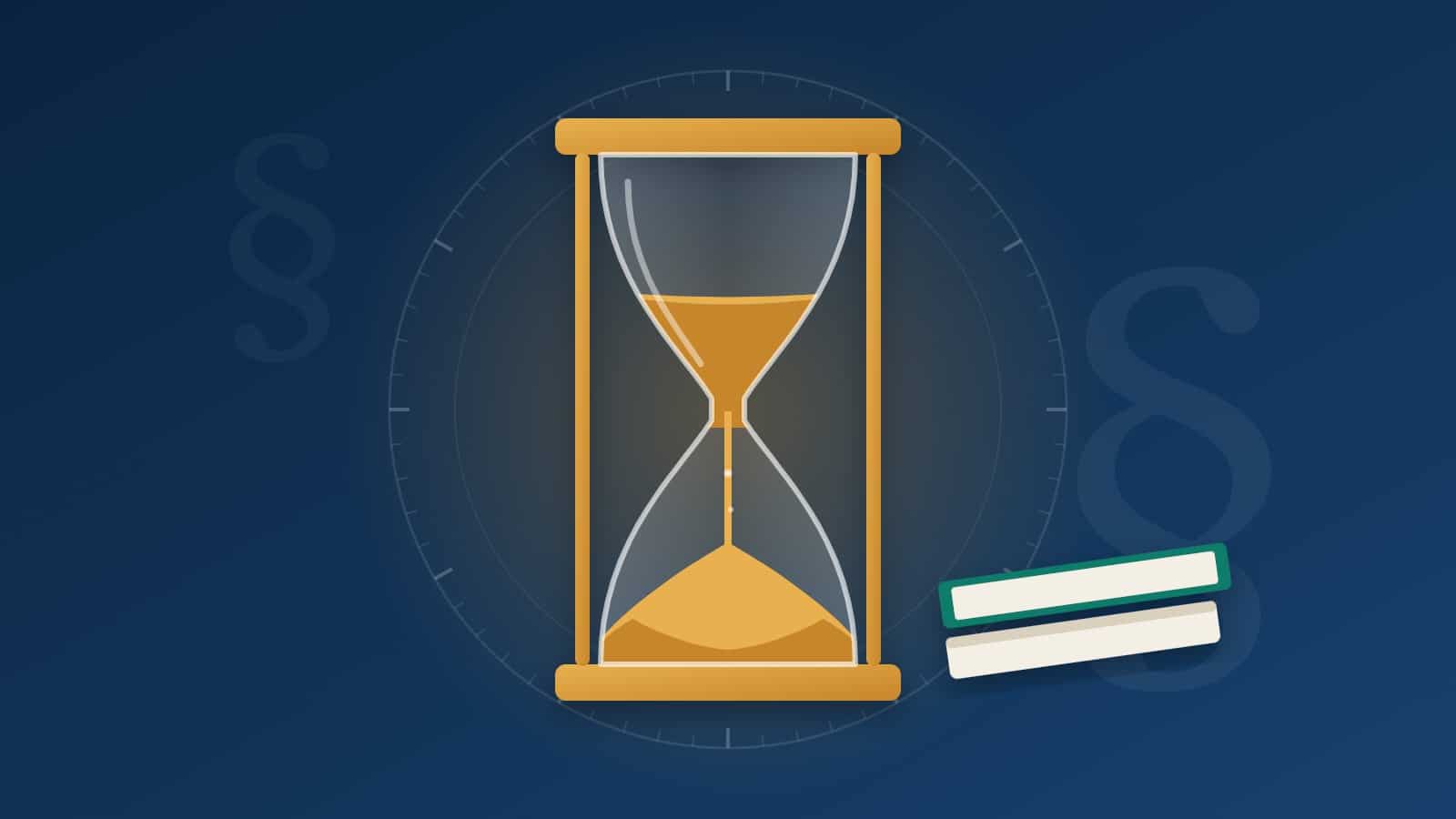 Illustrazione di una clessidra dorata su sfondo blu notte con due libri di codice: il tempo per chiedere il risarcimento del danno che scorre